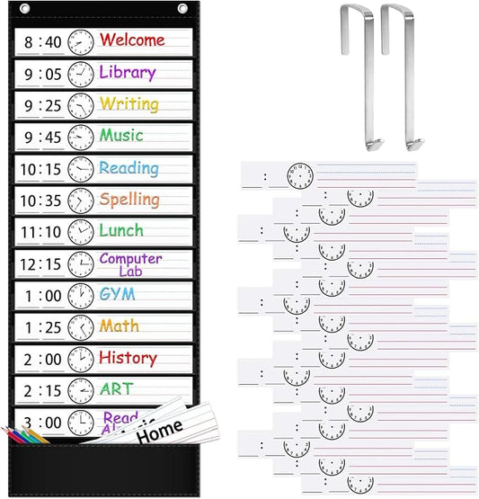 ZKOO Daily Schedule Pocket Chart for Kids, 13+1 Pocket Visual Schedule for Autism ADHD Classroom, 18 Reusable Double-Sided Dry-Erase Cards, Homeschool Special Education Routine Chart (Black) by ZKOO