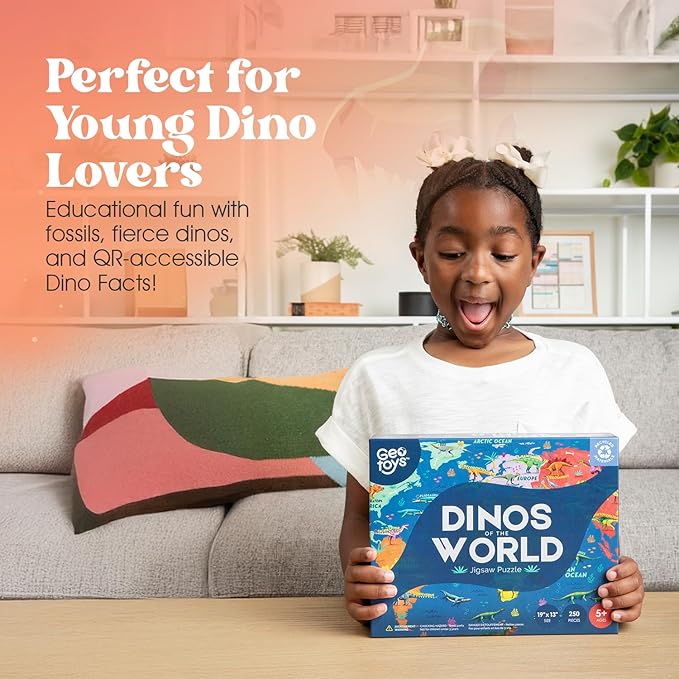Geotoys Dinos of The World Jigsaw Puzzles for Kids - Dinosaur Jigsaw Puzzle for 5+ Year Old - 250 Piece Puzzles for Kids - Educational Dinosaur Puzzle Gifts for Dino Lovers - Made in USA
