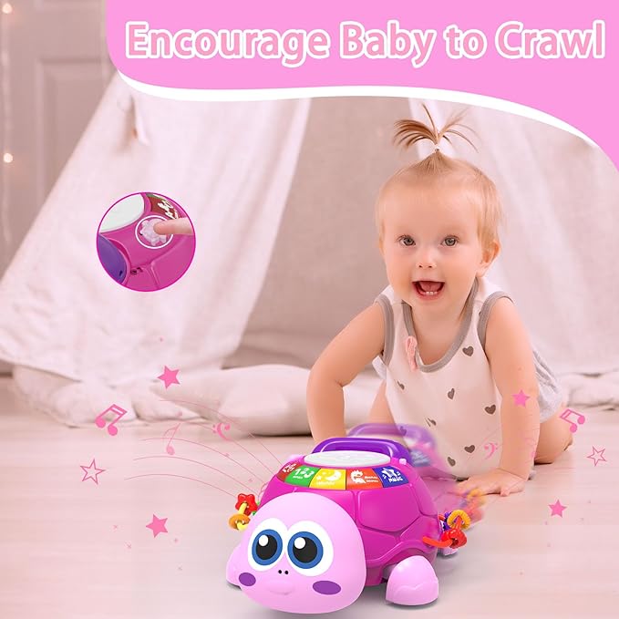 Musical Turtle Baby Toys 6 to 12 Month,Infant Light-up Musical Tummy Time Toy with Phone,Baby Crawling Toys for 7 8 9 12 Months Old,Easter Birthday Girl Gift for 3 4 5 Month+(Pink)