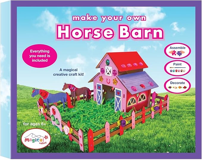 Magical Valley Horse Barn Craft Kit for Kids DIY Wooden Barn Building Set | Creative, Hands-On Arts & Crafts Activity for Horse Lovers | Imaginative Gift for Girls & Boys Ages 5-12