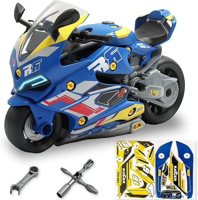 Take Apart Motorcycle Toys Kit, Motorcycle Model Toys for Kids Mechanic,Motorcycles Toy with Light, Sound & Spray for Toddlers 3+ Kids,Interactive Toy Engine Building Kit, Blue