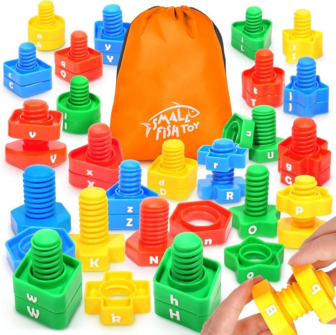 Letters Learning Matching Game | Preschool Toys Set for Toddlers | 26 Alphabet Learning Toys with 52 pcs Nuts and Bolts Sorting & Stacking Toys, ABC learning Educational Montessori Toy for Kids by SMALLFISH