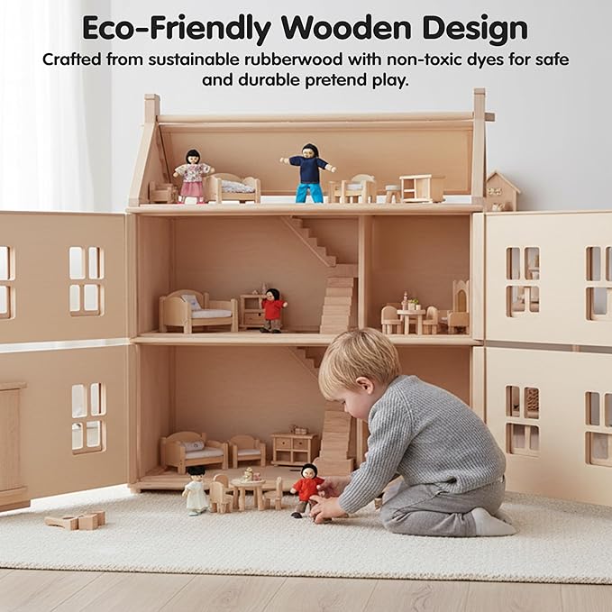 PlanToys® Wooden Dollhouse Family Set – Fair Skin Tone | 4 Poseable 1:12 Scale Doll House People | Montessori Pretend Play Figurines | Eco-Friendly Sustainable Wooden Toy for Kids