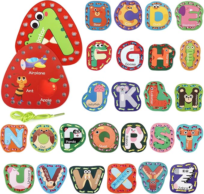 Vodolo 26 Pieces Lacing Cards Travel Sewing Kit for Kids, Letters Sequencing Threading Toy, Double Sided Fine Motor Skills Learning Toys, Classroom Supplies by Vodolo