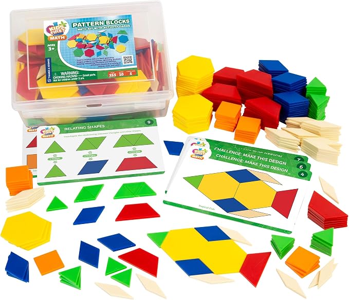 Kids First Math: Pattern Blocks Math Kit w/Activity Cards | 250 Colorful Plastic Geometric Blocks | Explore Geometry, Shapes, Division, Fractions & More | At-Home or Classroom Learning, Ages 3+ by Unknown