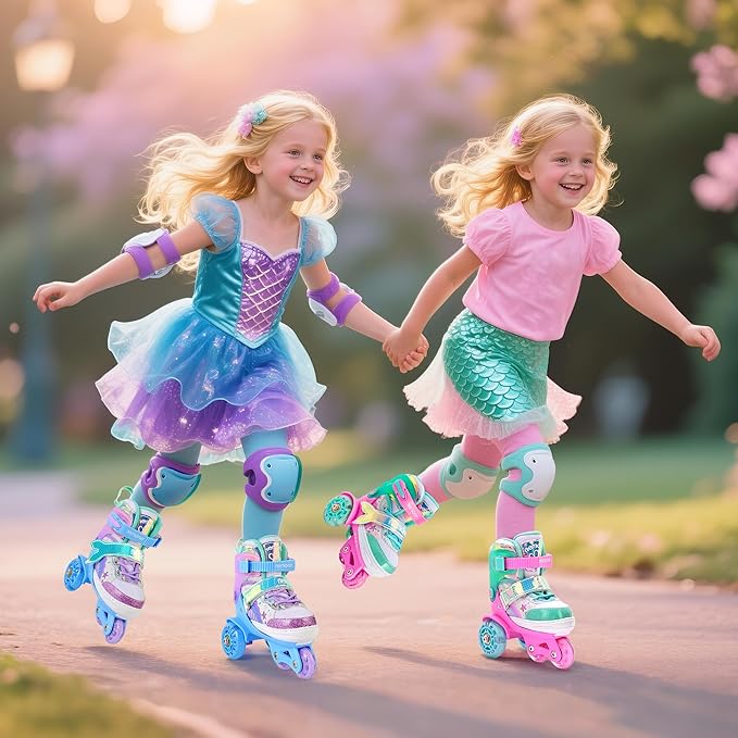 NEMONE Mermaid 4 Size Adjustable Light up Roller Skates for Girls, Purple Blue Skates for Toddlers, Beginner Kids Butterfly Roller Skates Indoor Outdoor
