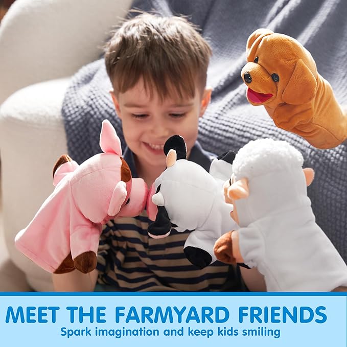 JOYIN 6Pcs Kids Hand Puppet Set with Working Mouth, Toddler Plush Toy Includes Pig, Sheep, Dairy Cow, Dog, Goat, and Horse for Show Theater, Birthday Gifts for Boys Girls, Gifts for Christmas