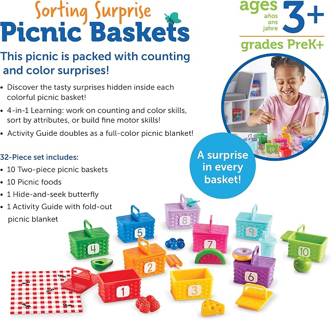 Learning Resources Sorting Surprise Picnic Baskets - Preschool Activities, Play Food for Toddlers, Color Sorting, Number Counter, Fine Motor Games, Birthday Gifts for Boys and Girls - Image 5