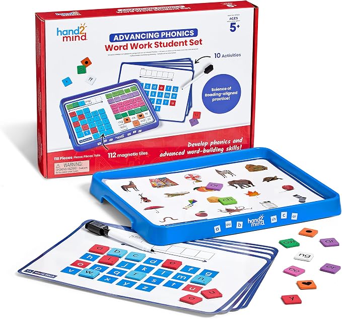 hand2mind Advancing Phonics Word Work Student Set, 112 Magnetic Letter Tiles, Kindergarten Phonics Manipulatives for Elementary School, Dry Erase Activity Tray, Science of Reading Classroom Materials by hand2mind