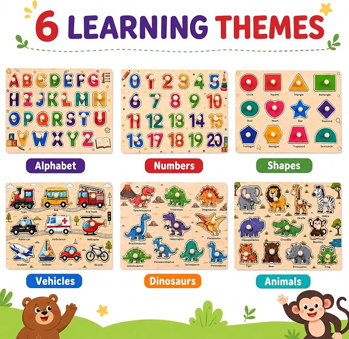 Wooden Peg Puzzles for Kids Ages 3-5, 6 Pack Large ABC Alphabet Number Shape Animal Dinosaur Vehicle Puzzle Set, Preschool Learning Toys, Montessori Educational Gifts for 3 4 5 Boys Girls - Image 4
