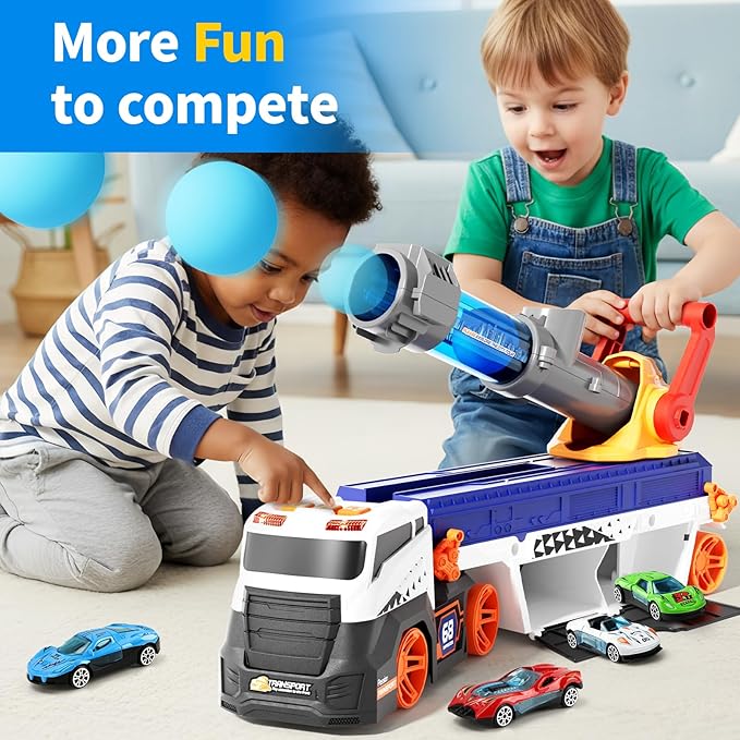 Transport Truck Toys for Kid Boys 3-5, EVA Ball Launcher Car Toys for Kids, Garage Car Toys with Light & Sound, Shooting Toy Sets, Christmas Birthday Gifts for Kid Boys Age 3 4 5 6