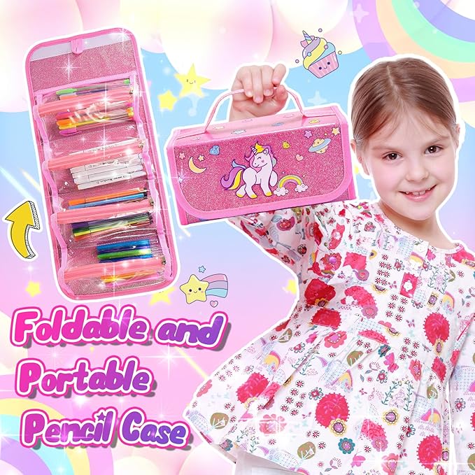 Unicorn Toys for Girls Age 4 5 6 7 8, Unicorn Washable Markers Set with Glitter Pencil Case, Girl Toys Coloring Drawing Kits Art Supplies for Kids 4-6 Birthday Christmas Gifts for 4-8 Year Old Girls