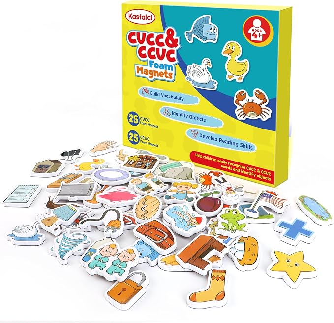 Kasfalci CVCC & CCVC Word Games, 50 Magnetic Foam Objects Fridge Magnets for Kids, Speech Therapy Toys for Toddler, Learn to Read Spelling Reading Learning Phonics for Preschool Kindergarten Classroom by Kasfalci