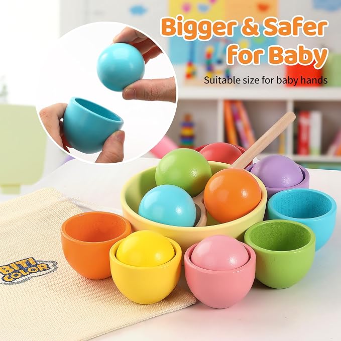 Montessori Larger Ball in Cup Color Sorting Toy for Toddlers Wooden Rainbow Ball Color Matching Toy - 7, 46mm - Image 2