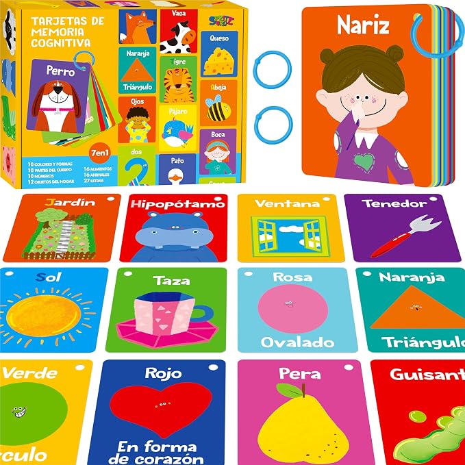 51 PCS Spanish Baby Cognitive Flashcards, Double Sided Printed 7 in 1 Colorful Cards Alphabet, Numbers, Foods, Animals, Shapes, Colors with 2 Reclosable Rings, Learning Tool for Toddlers by SpriteGru