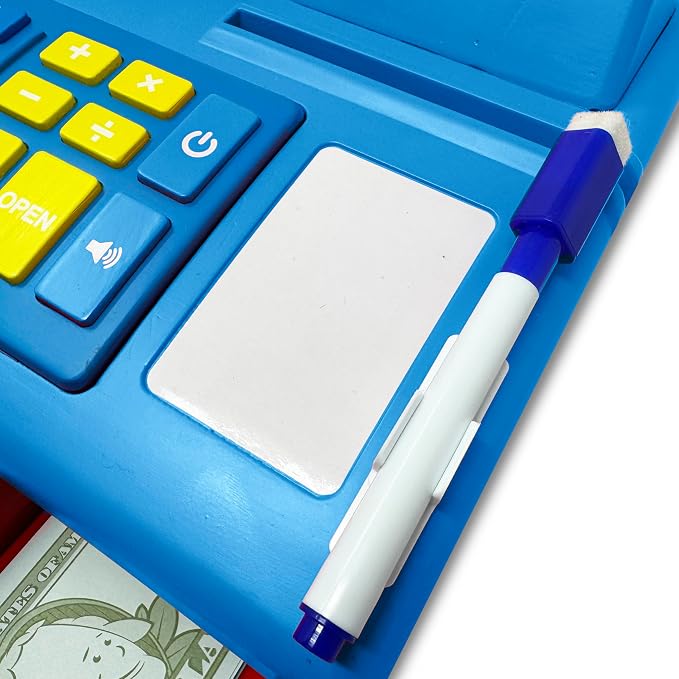 Dr. STEM Toys Solar Powered Calculator Pretend Cash Register with Play Money – 67-Piece Set for Learning Math Skills, STEM Cash Register for Kids (Blue) - Image 7