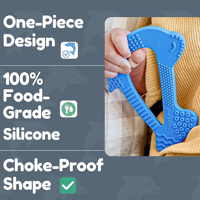 Dolphin Silicone Teether Toy with 8 Texture Zones, Easy Grip for Little Hands, Ages 3M+, Baby’s Aid (Blueberry)
