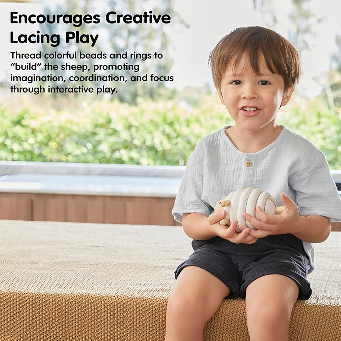 PlanToys® Lacing Sheep Wooden Threading Toy for Kids Ages 3+ | Montessori Fine Motor & Coordination Activity for Focus & Creativity | Eco-Friendly Educational Toy