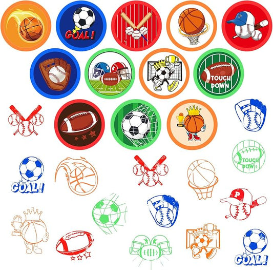 Cinrobiye 24 Pcs Sports Themed Stampers for Kids，Pre-Inked Football Basketball Baseball Soccer Stamps for Birthday Party Favors Classroom Rewards Goodie Bag Fillers Sports Party Supplies - Image 2