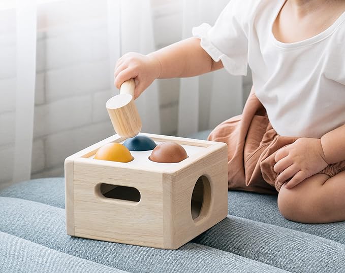 PlanToys® Punch and Drop Wooden Montessori Fine Motor and Cause and Effect Toy in Orchard Shade | Early Coordination and Tactile Learning Activity | Eco Friendly Hammer and Ball Set