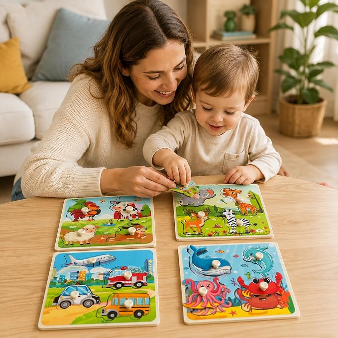Wooden Peg Puzzle Set for Toddlers, 4 Pack Animal Vehicle Ocean Farm Puzzles, Montessori Wooden Puzzles for Ages 2-4, Preschool Learning Toys for Fine Motor Skills, Gifts for Boys Girls 1 2 3 4 - Image 7