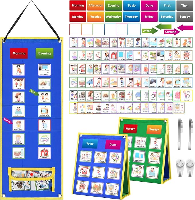 KIKIGOAL Kids Visual Schedule Calendar Chart, Double Side Autism Daily Chore Routine Chart with 113 Cards Autism Learning Materials Kids Visual Behavioral Tool Wall Planner for Home School by KIKIGOAL+FITNESS
