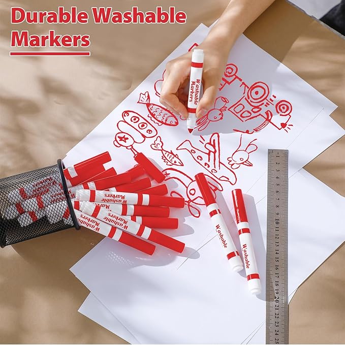 Janlaugh 36 Pcs Red Washable Markers Bulk Coloring Broad Line Markers for Kids Red Conical Tip Drawing Pen for Christmas, School Supplies, Travel Art Baby Shower Gender Reveal Party Supplies, Ages 6+