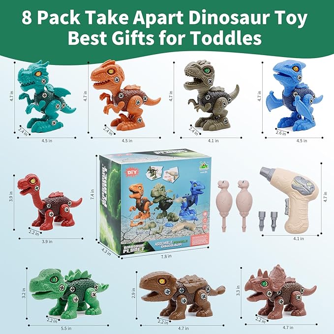 Yerloa 8pcs Dinosaur Toys for Kids 3-5 5-7, STEM Take Apart Dinosaur Toys for Boys 3 4 5 6 7 8 Year Old Toddler Party Birthday Gifts Dino Toys Construction Building Toy Kids Toy with Electric Drill