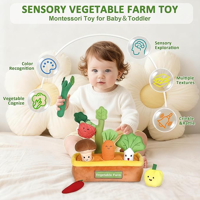Baby Toys for 6-12 Months, Fruits Vegetables Plush Montessori Toys, Color Shape Sorting Crinkle Rattle Textures Sensory Toy, Fine Motor Skills Christmas Baby Gift for 0+ Boys Girls