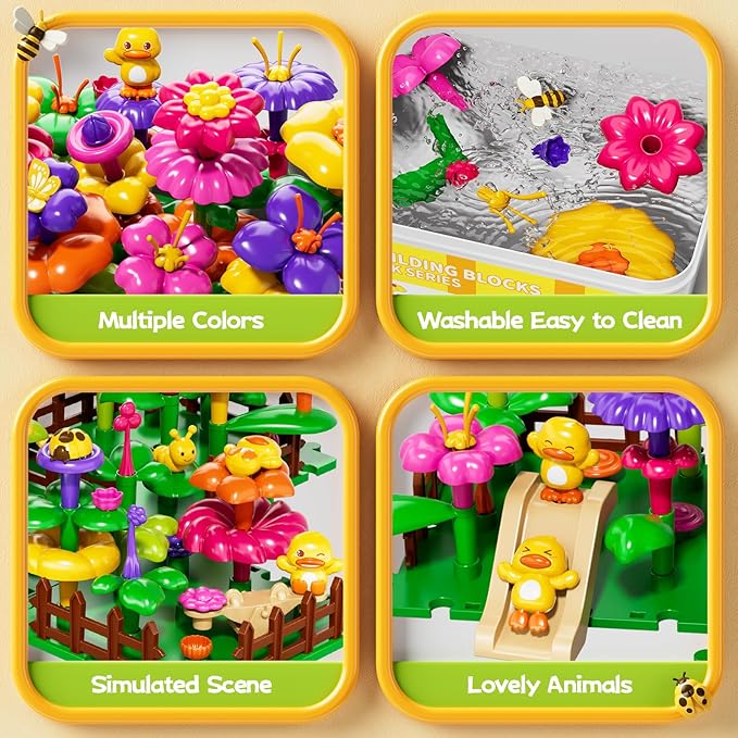 Flower Garden Building Toys for Toddler 3 4 5 6 7 Years Old, 119Pcs DIY Stacking Toys with Storage Box, Kids STEM Preschool Educational Toy, Christmas Birthday Gift for Girls Ages 3-5