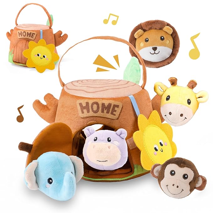Baby Toys 6-12 Months - Tree Stump with 5 Stuffed Safari Animals, Soft Busy Montessori Toys with Rattle, Crinkle, Squeaker, Mirror, Sensory Toys for Toddlers 1-3, Christmas Birthday Gift