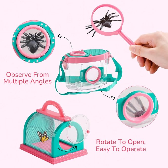 ROBOTIME Kids Explorer Kit & Bug Catcher Kit for Kids, 10PCS Outdoor Bug Catching Kit with Magnifying Glass & Net, Adventure Set for Backyard & Camping, Fun Gift for Girls 3-12 (Pink) - Image 4