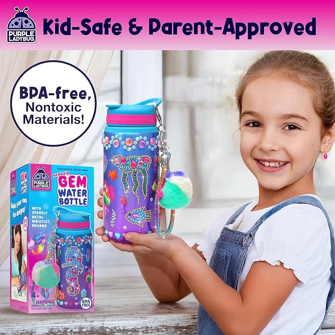 PURPLE LADYBUG Decorate Your Own Water Bottle for Girls - Mermaid Gifts for Girls Age 6-8, Gifts for 5 6 7 8 9 10 Year Old Girl Birthday, Valentines Gift, Crafts for Girl Ages 6-8