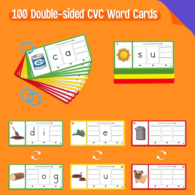 CVC Word Writing Cards, 100 Double-Sided Handwriting Cards 3-Level Short Vowel Spelling Flashcards CVC Sight Words Early Educational Tool for Kids 3 4 5 Years Old (3 Plastic Rings Included) - Image 4