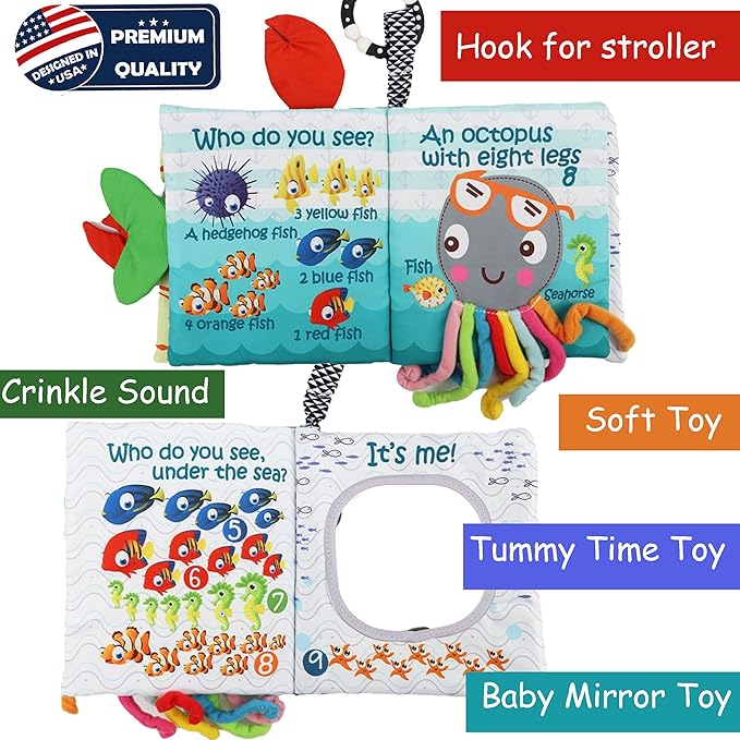 Fish Baby Books Toys, Touch and Feel Crinkle Cloth Books for Babies,Infant, Baby Toys 0-6-12 18 Months, Learning Education Soft Sensory Mirror Toy, Shower Gifts Christmas for Baby Boys Girls-Gift Box