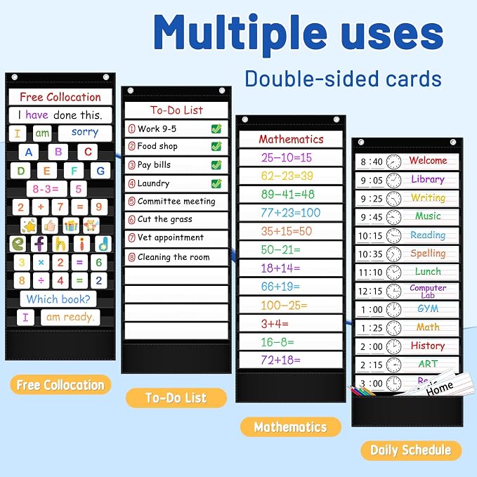 AKAYOK Daily Schedule Pocket Chart — 13+1 Pocket Visual Schedule for Kids, Includes 18 Double-Sided Blank Reusable Dry-Erase Cards, Daily Planner with Hourly Schedule for Classroom, Office, Home, School Activities (Black) - Image 2