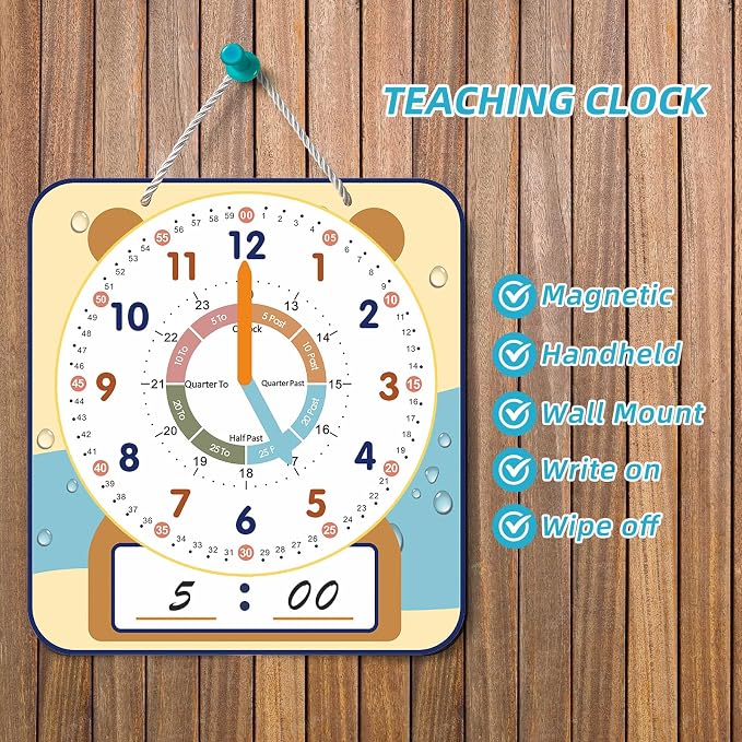 ANCOMEDO Large 12" Magnetic Writable Dry Erase Teaching Clock with Cute Style, Teaching Demonstration Clock for Kids Learning Practice Time for Home School Classroom Supplies (12" x11"-Beige) - Image 2