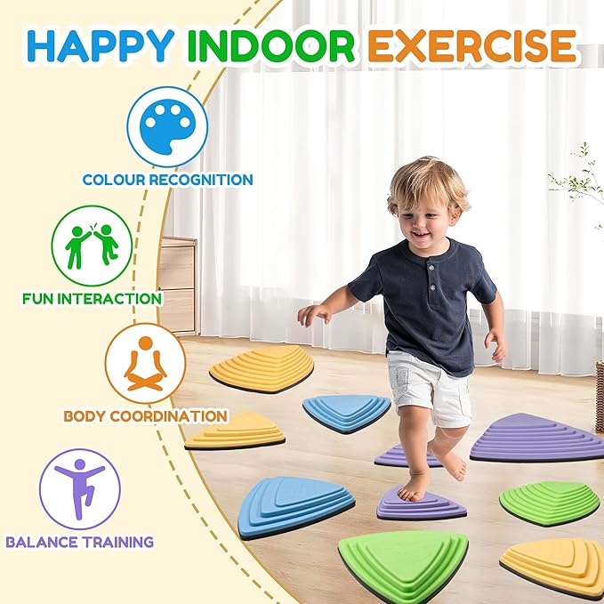 Kids Balance Stepping Stones Multicolor Triangular 10PCS Non-Slip Toddler Stepping Stones for Balance Coordination Ages 3-8 Years
