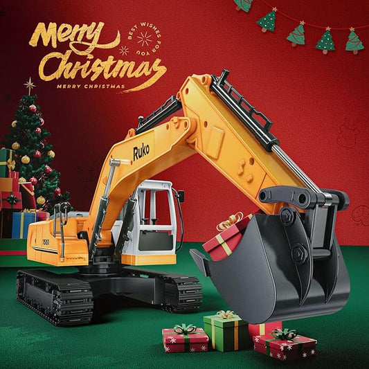 Ruko 1561 RC Excavator 3 in 1 Construction Toys for Boys, 17 Channel Remote Control Vehicles with Grab Alloy Shovel Drill, Realistic Lights & Sounds Digger Sandbox Gifts for 6-14 Years Kids Adults