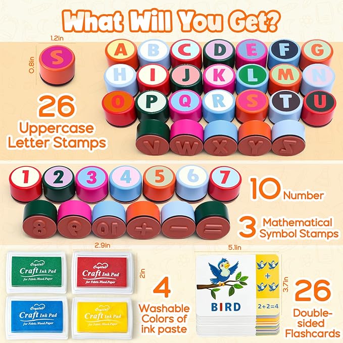 Toyssa Wooden Alphabet Number Stamp for Kids, ABC Spelling Learning Toys with Letter Stampers & 4 Ink Pads & Flashcards, Mathematics Preschool Educational Toys Gift for Kids Aged 3 4 5 Boys Girls
