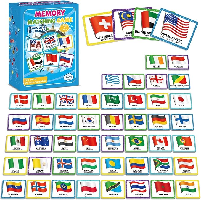 gisgfim 100 PCS Memory Matching Game Flags of The World Concentration Memory Card for Kids and Adults Learning Educational A Fun & Fast Countries of The World Matching Games by gisgfim