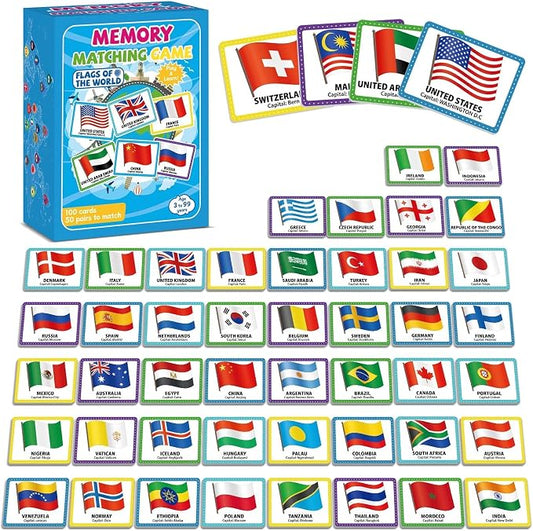 gisgfim 100 PCS Memory Matching Game Flags of The World Concentration Memory Card for Kids and Adults Learning Educational A Fun & Fast Countries of The World Matching Games by gisgfim