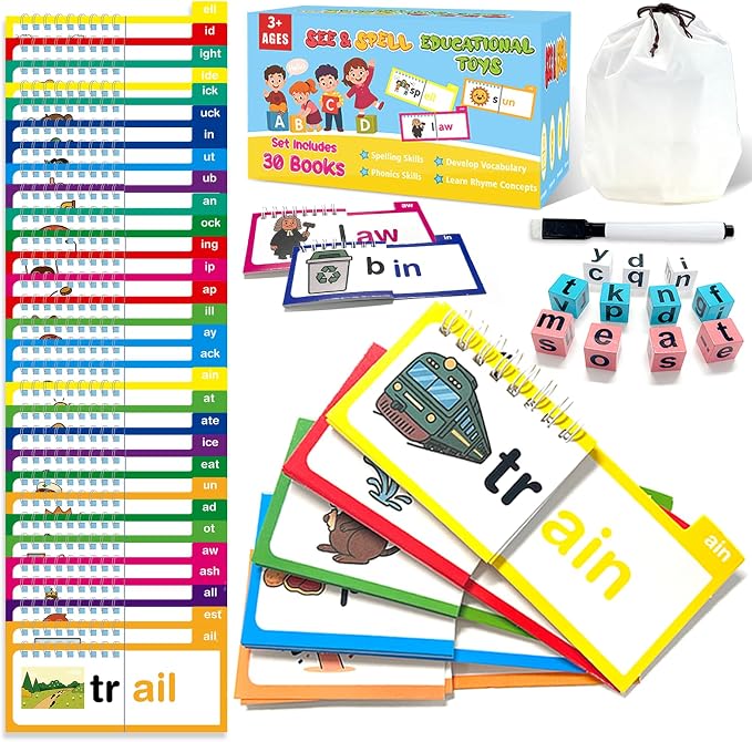 30 Word Family Flip Books, 3-in-1 Read and Rhyme Flip Activity Book Set, ABC Vocabulary Flash Cards, Sight Words Flashcards, Learn to Read Phonics Cards for Kindergarten, Homeschool Supplies by Unknown