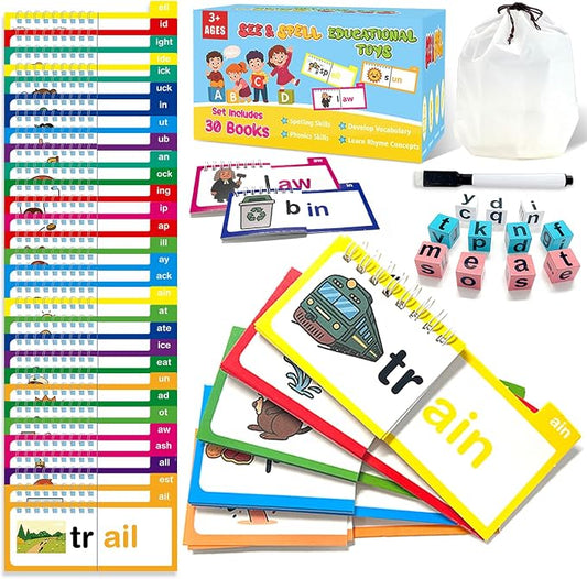 30 Word Family Flip Books, 3-in-1 Read and Rhyme Flip Activity Book Set, ABC Vocabulary Flash Cards, Sight Words Flashcards, Learn to Read Phonics Cards for Kindergarten, Homeschool Supplies by Unknown