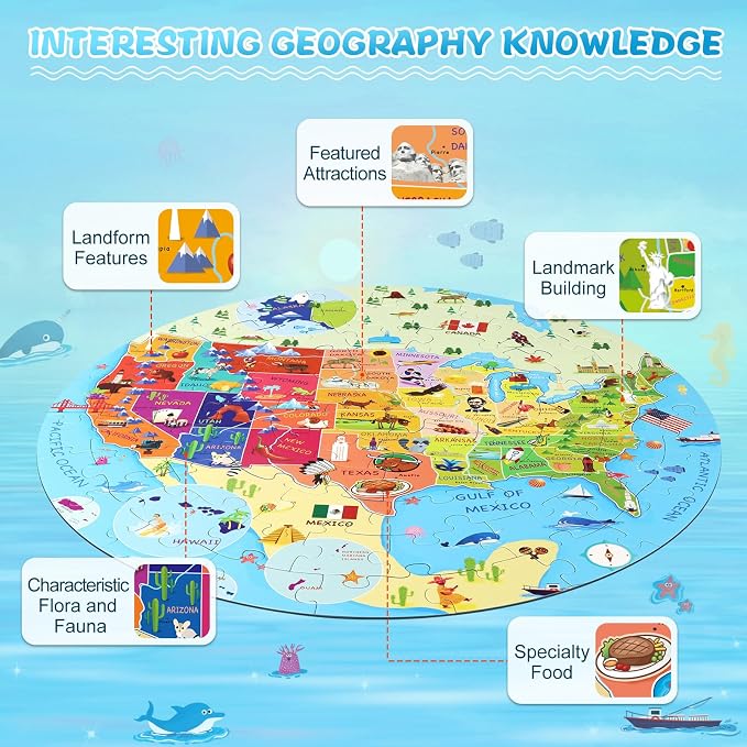DIGOBAY United States Puzzle 70 Pieces USA Map Floor Jigsaw Puzzles for Kids Ages 4-10, Jumbo Round US Geography Puzzle 50 States with Capitals Educational Learning Toys for Boy or Girl - Image 3