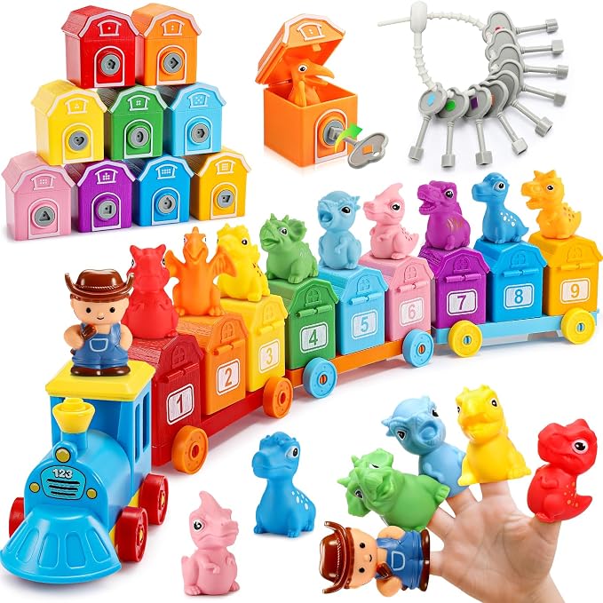Toddler Montessori Learning Toys for 2 3 4 5 Year Old Boys, Kids Dinosaur Train Matching Toys with Locks & Keys | Counting & Sorting Trains Set, Preschool Toy Boy Girls Birthday Gifts Ages 2-4 3-5 by IPOURUP