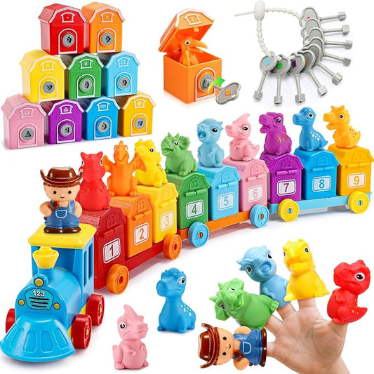 Toddler Montessori Learning Toys for 2 3 4 5 Year Old Boys, Kids Dinosaur Train Matching Toys with Locks & Keys | Counting & Sorting Trains Set, Preschool Toy Boy Girls Birthday Gifts Ages 2-4 3-5 by IPOURUP