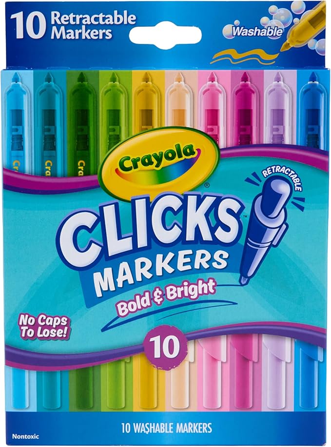Crayola Clicks Retractable Markers - Bold (10ct), No Dry Washable Markers for Kids, Click Markers for School, Must Have Coloring Supplies, Gifts