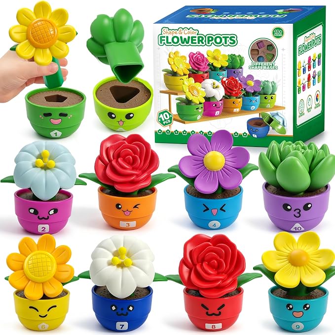 GEERAY Montessori Flower Garden Building Toy, 10 Sets Toddler Shape & Color Matching Game, Fine Motor Skills Preschool Sensory Toys, Educational Gardening Gift for 1-3 Year Old Boys Girls by GEERAY