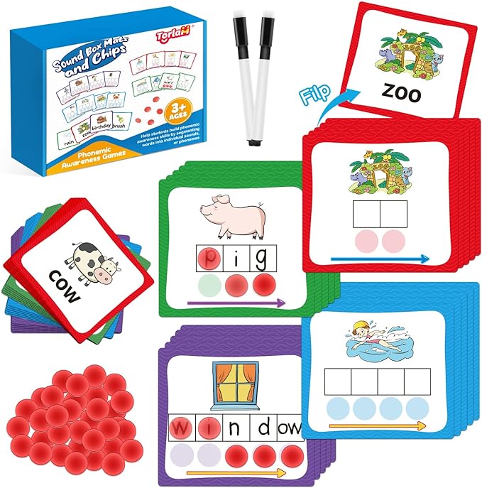 Torlam Elkonin Boxes Phonemic Awareness Phonics Games, Reading Spelling Sound Manipulatives Sight Word Flash Cards, Speech Therapy Toy Kindergarten Elementary Classroom Must Haves Homeschool Supplies by Torlam